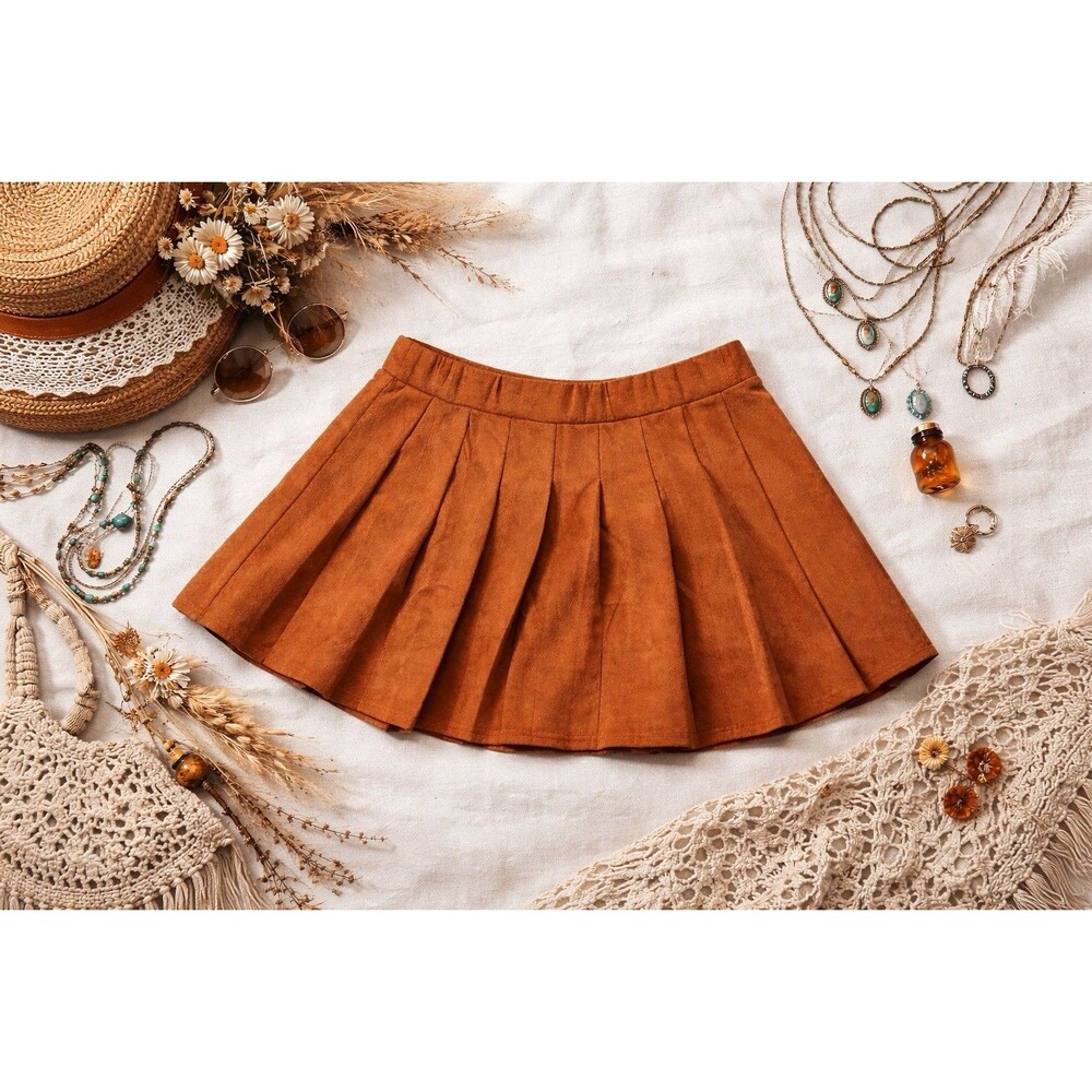 Faux Suede Mini Skirt Pleated Rust Brown Low Rise Flare Casual Skirt L